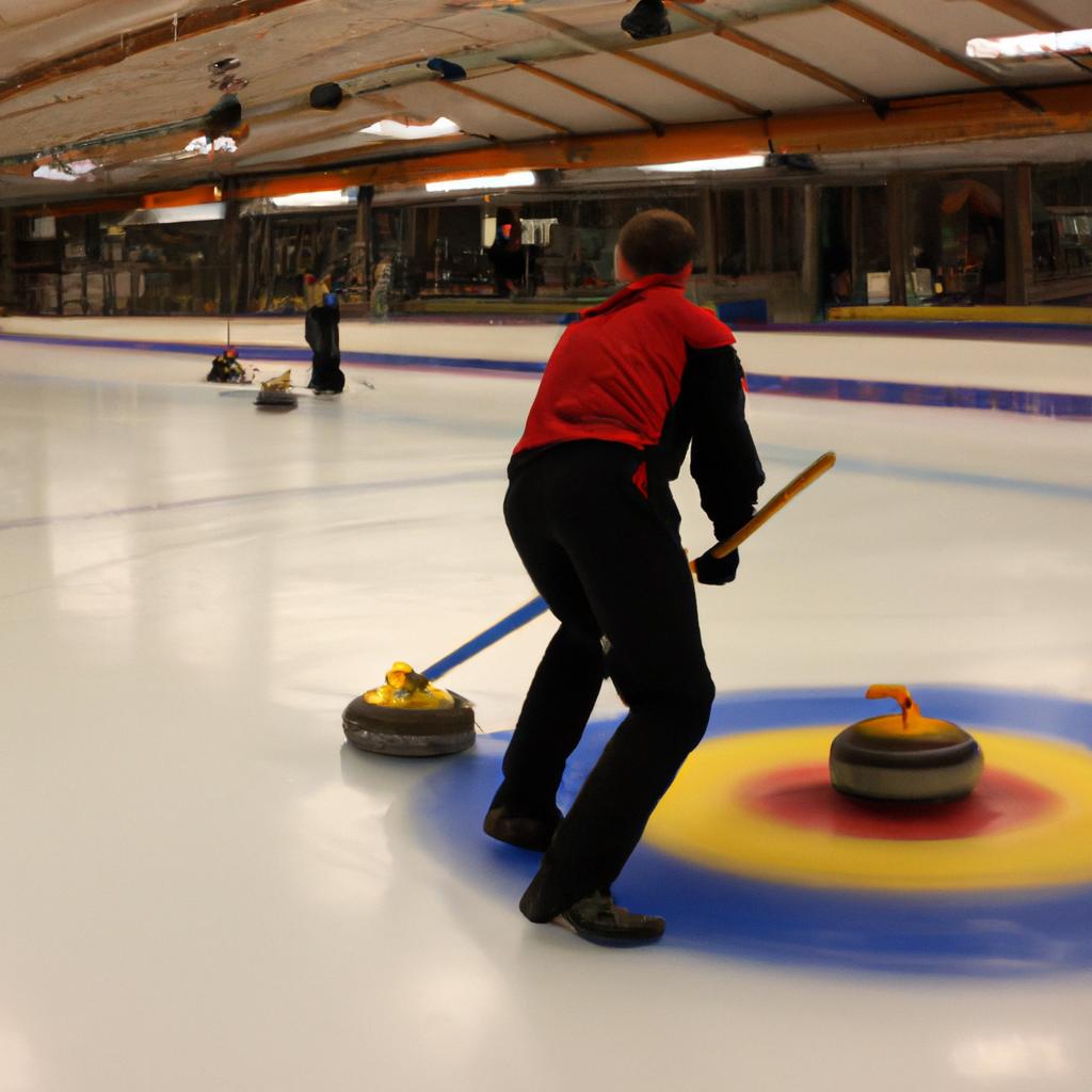 Person curling on ice rink